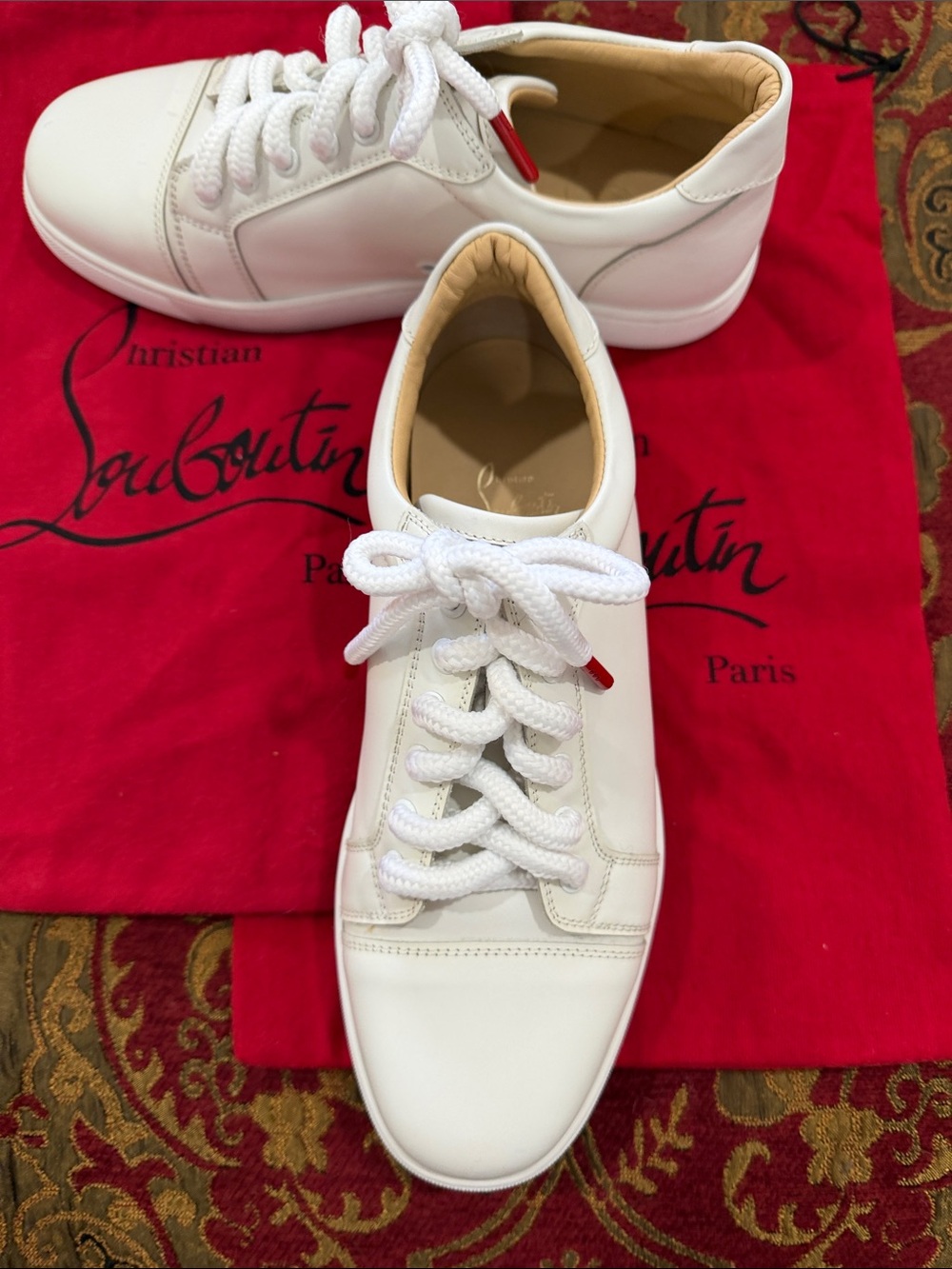 Christian Louboutin Women White Leather Low-Top Sneakers with Red Accents